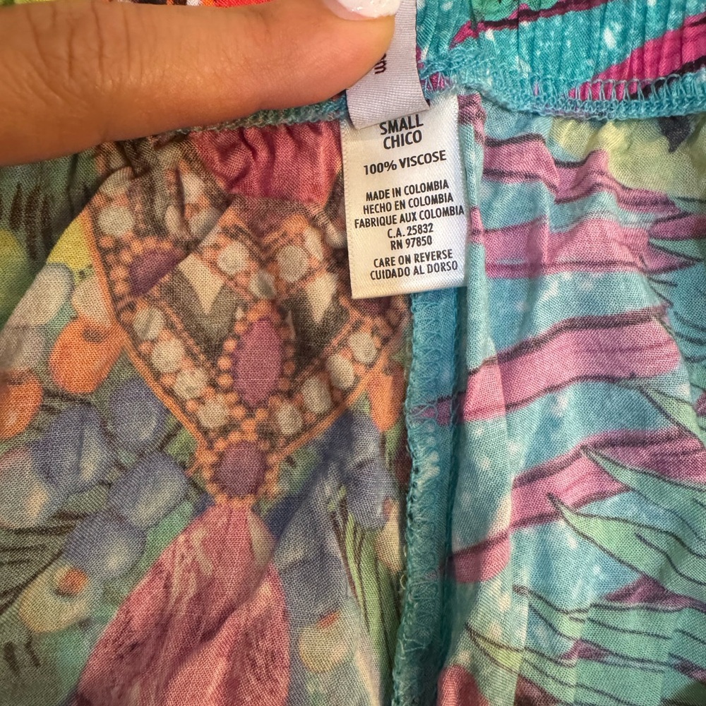 Luli Fama Turquoise Tropical Print Wide Leg Pants with Pink & Green Accents - Picture 7 of 7